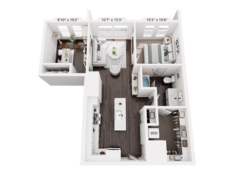 A floor plan of a house with three bedrooms, a living room, a kitchen, and a bathroom.